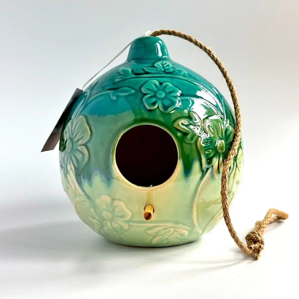 NEW Handmade Floral Turquoise Ceramic Bird House/Feeder